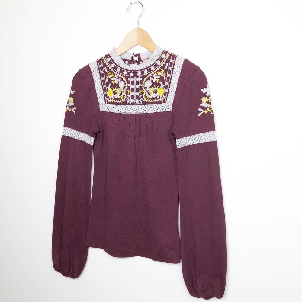 FREE People burgundy embroidered BoHo blouse - Picture 7 of 12